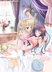 absurdres artist_request babydoll bed bed_sheet blonde_hair book breasts cleavage curtains drill ebiten_(manga) flower green_eyes hat highres indoors iseda_yuka long_sleeves lying medium_breasts multiple_girls official_art on_back on_bed ooba_hasumi pajamas panties pillow plant potted_plant purple_hair purple_panties ribbon see-through small_breasts thighhighs underwear vase white_legwear window wrist_cuffs yuri 