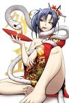  alternate_costume barefoot commentary_request cup diisuke forked_tongue hair_ornament japanese_clothes jewelry kimono leaf lipstick makeup maple_leaf mirror necklace off_shoulder purple_hair red_eyes sakazuki short_hair slit_pupils snake soles solo toes tongue touhou yasaka_kanako 