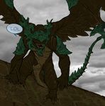  2013 armor bell_gargoyle brown_scales brown_skin claws dark_souls digitigrade erection eyeless gargoyle grey_background male muscles open_mouth penis plain_background pose precum saliva sculpture solo standing statue stone teeth unknown_artist video_games wings 