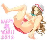  2013 blue_(pokemon) censored clitoris egoooist full_body happy_new_year new_year pokemon pokemon_special pussy simple_background solo spread_pussy translation_request white_background 