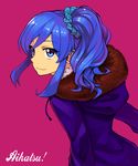  absurdres aikatsu! aikatsu!_(series) bad_id bad_pixiv_id blue_eyes blue_hair coat copyright_name highres hood hoodie kiriya_aoi long_hair looking_at_viewer pink_background ponytail smile sobyoukyou solo 