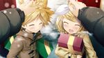  1girl blonde_hair blush box brother_and_sister closed_eyes coat daidou_(demitasse) gift gift_box hair_ornament hair_ribbon hairclip highres kagamine_len kagamine_rin open_mouth out_of_frame petting pov pov_hands ribbon short_hair siblings smile snow twins vocaloid 
