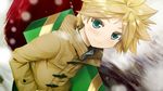  aqua_eyes blonde_hair blush box close-up closed_mouth coat daidou_(demitasse) face gift gift_box highres kagamine_len looking_at_viewer male_focus smile snow solo vocaloid 