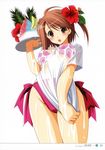  :o absurdres azuma_yuki bikini bikini_under_clothes brown_eyes brown_hair cameltoe flower food fruit hair_flower hair_ornament hibiscus highres milk original pink_bikini shaved_ice shirt_tug side-tie_bikini solo spilled_milk swimsuit swimsuit_under_clothes tray wet wet_clothes 