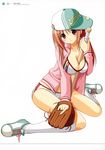  absurdres azuma_yuki baseball_bat baseball_cap baseball_mitt between_breasts bikini bikini_bottom bikini_top bikini_under_clothes breasts brown_hair cleavage copyright_request hat highres jacket legs medium_breasts open_clothes open_jacket red_eyes shoes sitting sneakers socks solo swimsuit swimsuit_under_clothes track_jacket wariza 