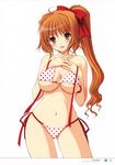  :d absurdres azuma_yuki bikini blush bow breast_suppress breasts brown_hair cleavage hair_bow highres large_breasts open_mouth orange_eyes original polka_dot polka_dot_bikini polka_dot_swimsuit ponytail side-tie_bikini smile solo swimsuit undressing untied untied_bikini 
