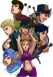  6+boys armpits artist_request battle_tendency black_hair blonde_hair blue_eyes blue_hair braid brown_eyes chain collarbone diamond_wa_kudakenai double_bun earrings family fingerless_gloves gakuran giorno_giovanna gloves grin hat higashikata_jousuke highres jewelry johnny_joestar jojo_no_kimyou_na_bouken jonathan_joestar joseph_joestar_(young) kuujou_jolyne kuujou_joutarou lipstick makeup midriff multicolored_hair multiple_boys navel open_mouth phantom_blood pompadour purple_hair scarf school_uniform smile stardust_crusaders steel_ball_run stone_ocean striped sword teeth transparent_background vento_aureo weapon zipper 