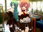  angel_mort green_eyes green_hair half_updo highres higurashi_no_naku_koro_ni houmitsu long_hair multiple_girls orange_hair ryuuguu_rena short_hair sonozaki_shion thighhighs tray waitress zettai_ryouiki 