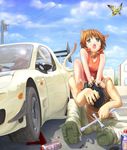  1girl animal_ears bell bell_collar brown_hair bug butterfly car cat_ears cat_tail cloud collar copyright_request day fang getty green_eyes ground_vehicle insect mazda mazda_rx-7 motor_vehicle short_hair sky tail 