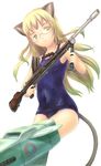  animal_ears blonde_hair glasses gun long_hair one-piece_swimsuit perrine_h_clostermann sabamu school_swimsuit shiny shiny_clothes skindentation solo strike_witches swimsuit tail weapon world_witches_series yellow_eyes 