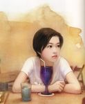  black_eyes brown_hair chen_shu_fen copyright_request cup drinking_straw highres realistic short_hair solo 