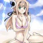  ar_tonelico ar_tonelico_i aurica_nestmile beach bikini blush breasts brown_hair cleavage embarrassed green_eyes hair_ornament hair_ribbon hairband large_breasts long_hair lowres ribbon sato_ashu solo spread_legs sweatdrop swimsuit 