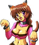  .hack//g.u. .hack//roots 1girl animal_ears bracelet breasts brown_hair cat_ears cleavage dragon_(artist) fang happy jewelry large_breasts looking_at_viewer lowres midriff navel paw_pose ponytail purple_eyes simple_background smile solo tabby_(.hack//) white_background 