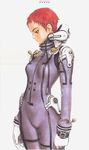  blue_submarine_no_6 bodysuit cowboy_shot diving_suit gloves grey_background headset highres kino_mayumi looking_away murata_renji purple_bodysuit purple_eyes red_hair scan scan_artifacts short_hair simple_background skin_tight solo 