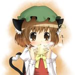  aiba_kou animal_ears baozi brown_eyes brown_hair cat_ears cat_tail chen earrings eating food hat heart heart_tail jewelry ribbon short_hair solo tail touhou 