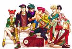  6+boys annoyed bad_id bad_pixiv_id belt black_hair blazer blonde_hair boots braid brown_eyes cigarette clock collarbone dani double_bun family fingerless_gloves flower giorno_giovanna gloves goggles green_eyes green_hair green_lipstick hat higashikata_jousuke holding jacket jewelry johnny_joestar jojo_no_kimyou_na_bouken jonathan_joestar joseph_joestar_(young) kneeling kuujou_jolyne kuujou_joutarou legs lipstick looking_up makeup multiple_boys necklace necktie pants pink_hair plaid pompadour red_eyes red_hair ring scarf shoes short_hair shorts sitting smoking sneakers socks steel_ball_run striped sunglasses tight tight_pants time_paradox tongue vest wristband 