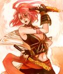  .hack//g.u. 1girl :d ahoge brown_eyes do_emu dual_wielding holding holding_sword holding_weapon huge_ahoge lowres midriff navel open_mouth pink_hair short_hair smile solo stomach sword weapon yowkow_(.hack//) 