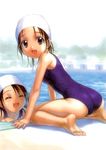  ass barefoot brown_eyes brown_hair closed_eyes copyright_request fang feet goto_p happy highres multiple_girls one-piece_swimsuit smile swimsuit 