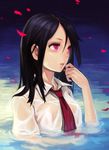  black_hair breasts collared_shirt dripping hair_between_eyes looking_away medium_breasts necktie original parted_lips partially_submerged petals pink_eyes red_neckwear see-through shiohara_shin'ichi shirt small_breasts solo upper_body water wet wet_clothes wet_shirt white_shirt 