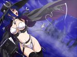  bikini blue_hair book braid breasts cape chain cleavage cthulhu cthulhu_mythos dagger dutch_angle gloves hat horseshoe iga_tomoteru large_breasts magic necronomicon purple_eyes skull solo swimsuit sword tentacles thighhighs twin_braids underboob water weapon witch 