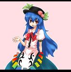  blue_hair food fruit hat hiiragi_mitsuna hinanawi_tenshi long_hair peach ribbon solo touhou 