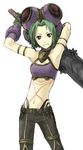  .hack//g.u. .hack//roots 1girl armband armpits arms_up artist_request asta_(.hack//) belt crop_top gloves green_hair grey_eyes hat midriff pants short_hair smile solo sword tattoo thigh_strap weapon 