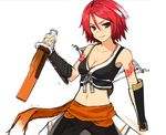  .hack//g.u. 1girl armpits artist_request breasts cleavage crop_top medium_breasts midriff multicolored_hair orange_eyes red_hair sheath short_hair smile solo sword tattoo two-tone_hair weapon white_hair yowkow_(.hack//) 