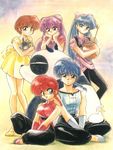  4girls 90s bird braid brown_hair duck genderswap genderswap_(mtf) hibiki_ryouga kuonji_ukyou long_hair mousse mousse_(duck) multiple_girls nakajima_atsuko no_socks official_art panda purple_hair ranma-chan ranma_1/2 red_hair saotome_genma saotome_ranma shampoo_(ranma_1/2) single_braid tendou_akane traditional_media 