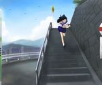  bag black_hair city copyright_request dackq guard_rail leaf midriff mountain navel open_mouth road_sign running school_uniform sign skirt socks solo stairs wind 