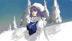  beret blue_dress day dress fir_tree goldregen hat letty_whiterock long_sleeves outdoors plant sketch snow solo sunlight touhou tree upper_body winter 