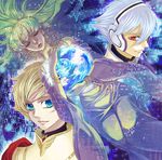  2boys blonde_hair blue_eyes bracelet closed_eyes earrings headphones jewelry jomy_marquis_shin jyuubee lipstick makeup multiple_boys physis red_eyes smile soldier_blue toward_the_terra white_hair 