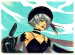  .hack//g.u. .hack//roots 1girl breasts cleavage closed_eyes earrings elbow_gloves gloves hat jewelry kebi_(sanbou) marker_(medium) medium_breasts ring shino_(.hack//) short_hair silver_hair solo thumb_ring traditional_media 