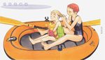  barefoot blonde_hair blue_submarine_no_6 boat character_request feet highres kino_mayumi multiple_girls murata_renji one-piece_swimsuit red_hair short_hair swimsuit watercraft 