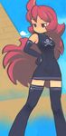  copyright_request elbow_gloves gloves long_hair okera red_eyes red_hair skull_and_crossbones solo thighhighs zettai_ryouiki 