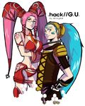  .hack//g.u. 1boy 1girl bare_shoulders blue_hair breasts brown_eyes cleavage earrings facial_mark forehead_mark glasses jewelry kuhn_(.hack//) large_breasts midriff millgam necktie pi_(.hack//) pink_hair revealing_clothes smile tattoo twintails yellow_eyes 