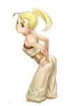  bare_shoulders bent_over blonde_hair blush chrono_trigger green_eyes highres kanno_ponta looking_at_viewer marle pants ponytail simple_background solo white_background 
