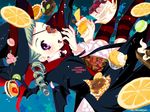  888 bat_wings cake copyright_request drill_hair eyepatch food green_hair hat licking long_hair macaron pastry purple_eyes solo striped striped_legwear thighhighs tongue wallpaper wings witch_hat 