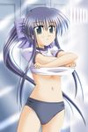  artist_request blue_eyes blue_hair buruma gym_uniform kanon kawasumi_mai locker locker_room long_hair ponytail shirt_lift solo undressing 