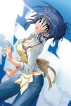  apron blue_hair breasts clannad cleavage covered_nipples denim jeans medium_breasts non-web_source pants sagara_misae sleeves_rolled_up solo yellow_eyes 