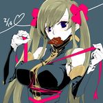  blue_background blue_eyes breasts brown_hair chocolate chocolate_heart detached_sleeves gloves hair_ribbon heart heart_of_string kishiro_(michiko) large_breasts long_hair mouth_hold ribbon tales_of_(series) tales_of_the_abyss tear_grants twintails 