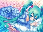  aqua_hair aqua_nails barefoot blue_eyes blush hair_bobbles hair_ornament hatsune_miku hisasi long_hair lying nail_polish pajamas pillow smile solo twintails very_long_hair vocaloid 