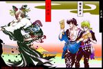  2boys aqua_eyes blonde_hair blue_eyes bracelet braid bridge chitose_(love_strip) collarbone crazy_diamond double_bun earrings fine_art_parody giorno_giovanna gold_experience green_eyes higashikata_jousuke japanese_clothes jewelry jojo_no_kimyou_na_bouken kuujou_jolyne lipstick makeup mount_fuji mountain multicolored_hair multiple_boys nihonga parody pompadour purple_hair translation_request ukiyo-e 