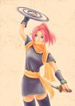  artist_request chakram final_fantasy final_fantasy_v green_eyes katana lenna_charlotte_tycoon ninja ninja_(final_fantasy) pink_hair scarf short_hair solo sword thighhighs weapon 