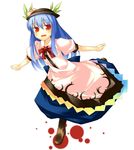  blush bow bowtie food fruit green_skirt hat hinanawi_tenshi leaf long_hair looking_at_viewer nu_(plastic_eraser) outstretched_arms peach puffy_short_sleeves puffy_sleeves rainbow_order red_bow red_neckwear shirt short_sleeves skirt solo standing tareme touhou white_shirt 