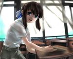  ashibe_ryou book brown_hair classroom copyright_request curtains desk dress_shirt glasses green_eyes hair_bun indoors school_desk shirt short_hair skirt smile solo window 