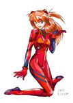 arm_at_side bangs blue_eyes bodysuit bracer breasts dated eyebrows_visible_through_hair from_side full_body gloves hair_between_eyes hand_up happy headgear kneeling knees_together_feet_apart long_hair neon_genesis_evangelion number one_eye_closed open_mouth orange_hair pilot_suit plugsuit red_bodysuit shiny shiny_clothes shiny_hair simple_background skinny small_breasts smile solo souryuu_asuka_langley turtleneck two_side_up v white_background 