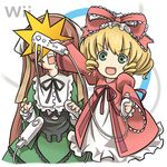  accident aka_(s3637) blonde_hair bow brown_hair controller dress frills game_console game_controller green_eyes hina_ichigo multiple_girls pink_bow playing_games rozen_maiden suiseiseki video_game wii wii_remote 