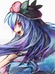  blue_hair food fruit hat hinanawi_tenshi long_hair open_mouth peach purple_hair red_eyes solo touhou ukyo_rst white_background 