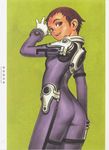  blue_submarine_no_6 bodysuit cowboy_shot gloves highres kino_mayumi looking_back murata_renji purple_bodysuit purple_eyes red_hair short_hair skin_tight solo 