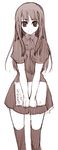  blush brown dress folder holding kara_no_kyoukai long_hair looking_at_viewer monochrome ryougi_mana simple_background solo tenkuu_sphere thighhighs v_arms white_background zettai_ryouiki 